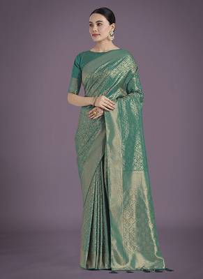Teal color baanrasi satin silk blend zari woven saree 1