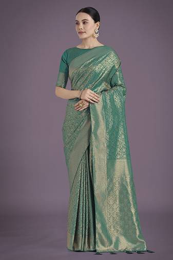 Teal color baanrasi satin silk saree for wedding functions
