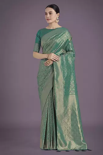 Teal color baanrasi satin silk saree for wedding functions