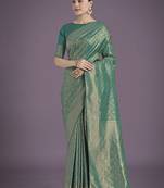 Teal color baanrasi satin silk saree for wedding functions
