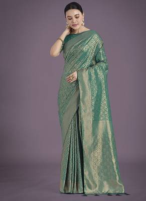 Teal color baanrasi satin silk blend zari woven saree 2