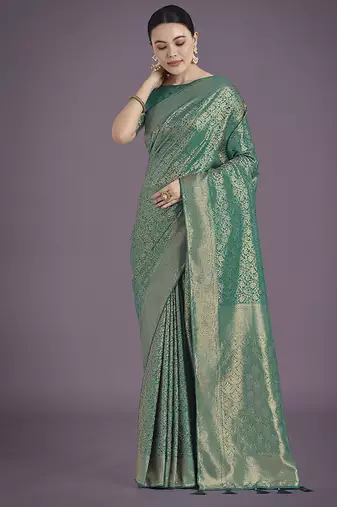 Teal color baanrasi satin silk blend zari woven saree