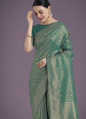 Teal color baanrasi satin silk blend zari woven saree 3
