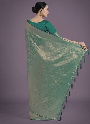 Teal color baanrasi satin silk blend zari woven saree 4
