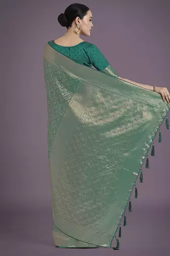 Teal color baanrasi satin silk blend zari woven saree