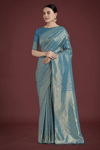 Dusty cyan color baanrasi satin silk saree for wedding functions