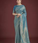 Dusty cyan color baanrasi satin silk saree for wedding functions
