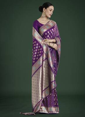 Purple colour banarasi satin silk blend zari weaving saree 1