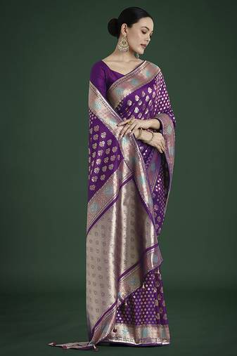 Purple colour banarasi satin silk zari weaving classic saree
