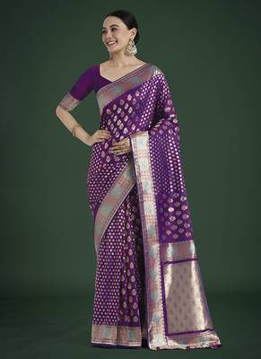 Purple colour banarasi satin silk blend zari weaving saree 2