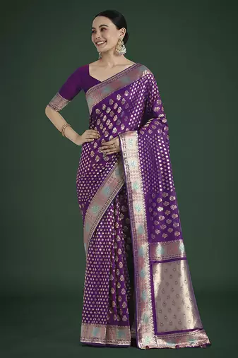 Purple colour banarasi satin silk blend zari weaving saree