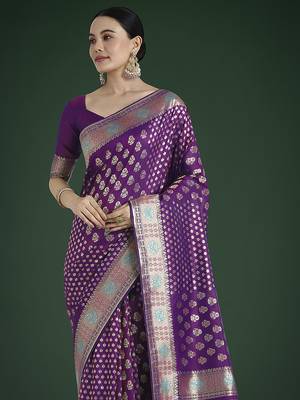 Purple colour banarasi satin silk blend zari weaving saree 3