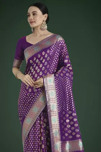 Purple colour banarasi satin silk blend zari weaving saree