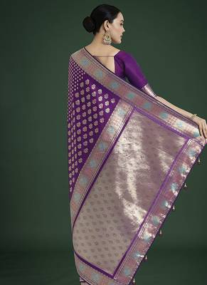 Purple colour banarasi satin silk blend zari weaving saree 4