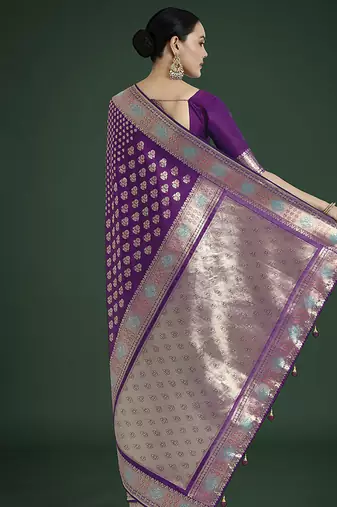 Purple colour banarasi satin silk blend zari weaving saree