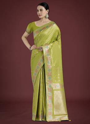 Lime green colour banarasi satin silk blend zari weaving saree 1