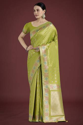 Lime green colour banarasi satin silk zari weaving classic saree