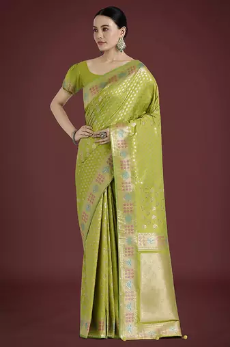 Lime green colour banarasi satin silk zari weaving classic saree