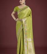 Lime green colour banarasi satin silk zari weaving saree
