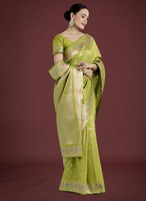 Lime green colour banarasi satin silk blend zari weaving saree 2