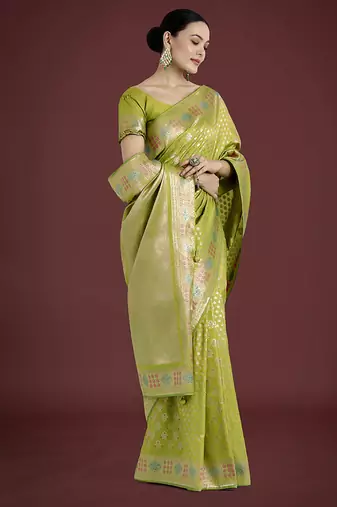 Lime green colour banarasi satin silk blend zari weaving saree