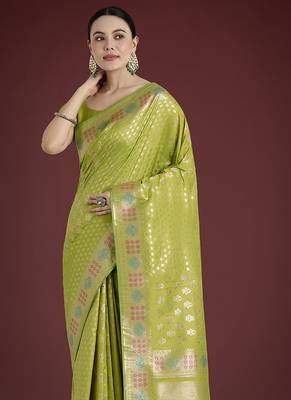 Lime green colour banarasi satin silk blend zari weaving saree 3