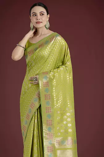 Lime green colour banarasi satin silk blend zari weaving saree