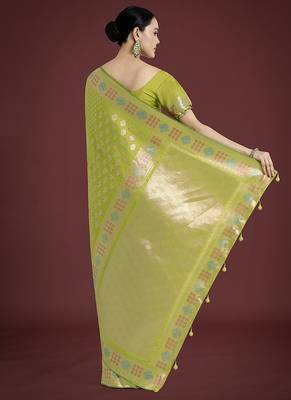 Lime green colour banarasi satin silk blend zari weaving saree 4
