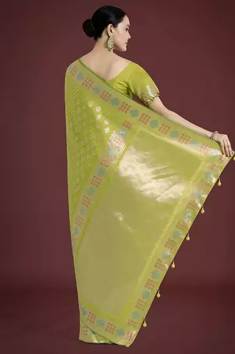 Lime green colour banarasi satin silk blend zari weaving saree
