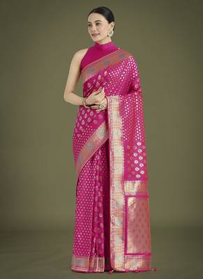 Rani pink colour banarasi satin silk blend zari weaving saree 1