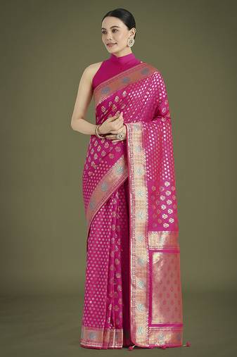 Rani pink colour banarasi satin silk zari weaving classic saree
