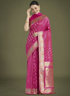 Rani pink colour banarasi satin silk blend zari weaving saree 2