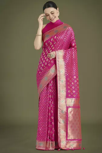 Rani pink colour banarasi satin silk blend zari weaving saree