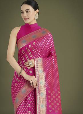 Rani pink colour banarasi satin silk blend zari weaving saree 3