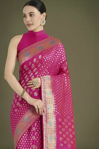 Rani pink colour banarasi satin silk blend zari weaving saree