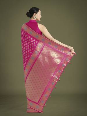 Rani pink colour banarasi satin silk blend zari weaving saree 4