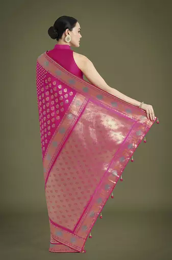 Rani pink colour banarasi satin silk blend zari weaving saree