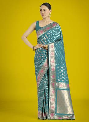Cyan blue colour banarasi satin silk blend zari weaving saree 1
