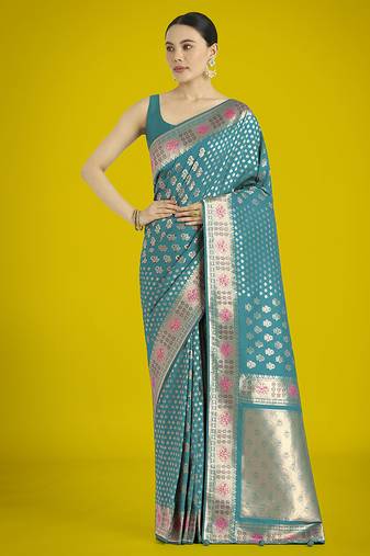 Cyan blue colour banarasi satin silk zari weaving classic saree