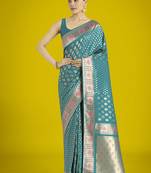 Cyan blue colour banarasi satin silk zari weaving saree
