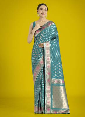 Cyan blue colour banarasi satin silk blend zari weaving saree 2