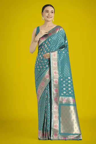 Cyan blue colour banarasi satin silk blend zari weaving saree