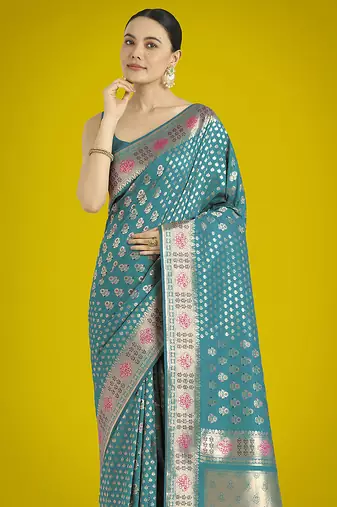 Cyan blue colour banarasi satin silk blend zari weaving saree