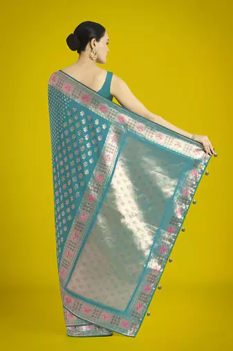 Cyan blue colour banarasi satin silk blend zari weaving saree