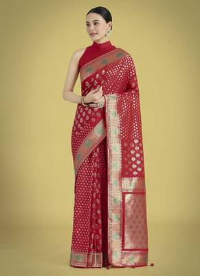 Red colour banarasi satin silk blend zari weaving saree 1