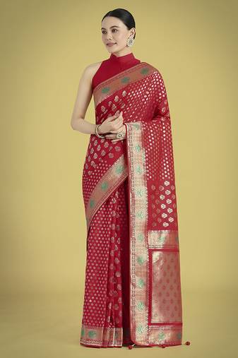 Red colour banarasi satin silk zari weaving classic saree
