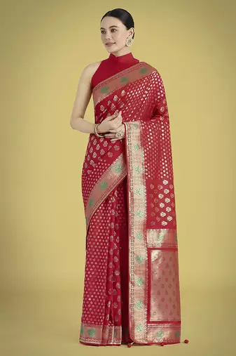 Red colour banarasi satin silk zari weaving classic saree