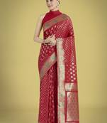 Red colour banarasi satin silk zari weaving saree