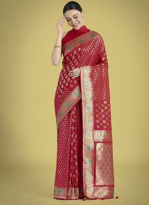 Red colour banarasi satin silk blend zari weaving saree 2