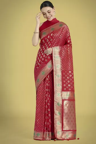 Red colour banarasi satin silk blend zari weaving saree